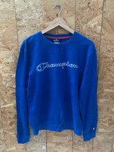 Vintage 90s blue white spell out crew neck sweater size medium by Champion
